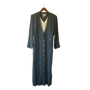 Vintage 80s/90s Maxi Dress Plaid‎ Green Blue Gold Button Front  Size small